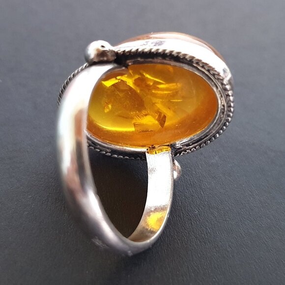 Beautiful Vintage Large Natural Baltic Amber 925 Sterling Silver Cocktail Ring - Picture 10 of 13